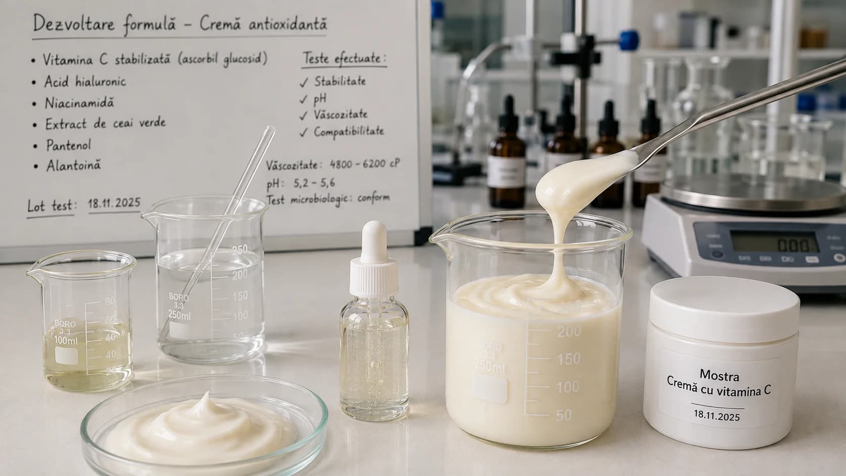 Skin care formulation development with cosmetic cream samples, laboratory glassware and technical evaluation at fabKABINETT